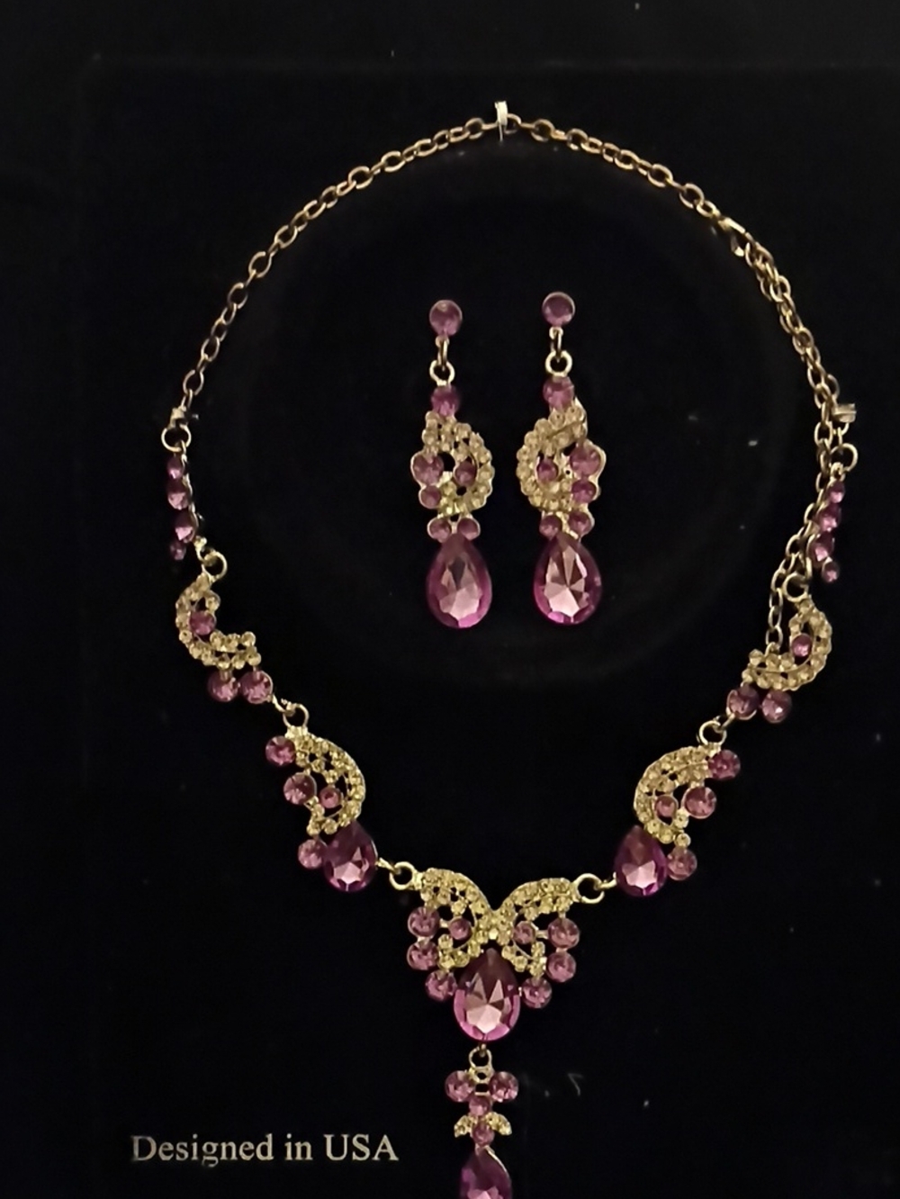 Gold-Tone Necklace & Earrings Set with Pink Crystals